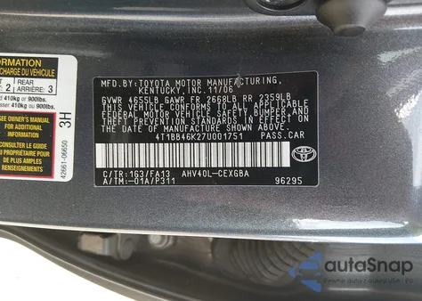 2007 Toyota Camry Hybrid из США, поврежденный, VIN 4T1BB46K27U001751